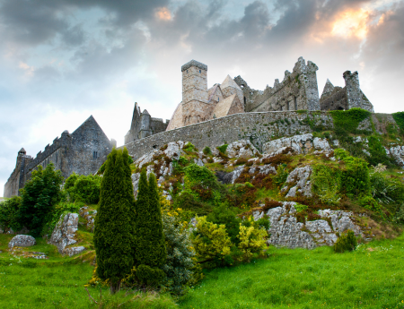 Landscape of Irish castle on a hill.
